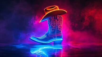 Neon-lit cowboy boot and hat on reflective surface with smoke.