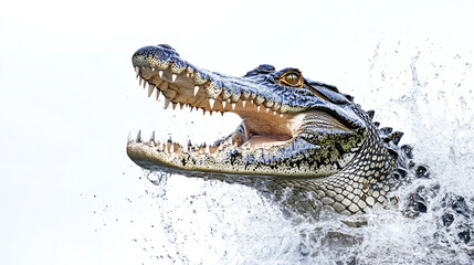 Obraz premium A crocodile with its mouth open, splashing water in the air, against a simple white background