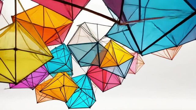 Colorful geometric shapes create vibrant display of kites in shades of blue, pink, yellow, and orange, showcasing playful arrangement that evokes joy and creativity.