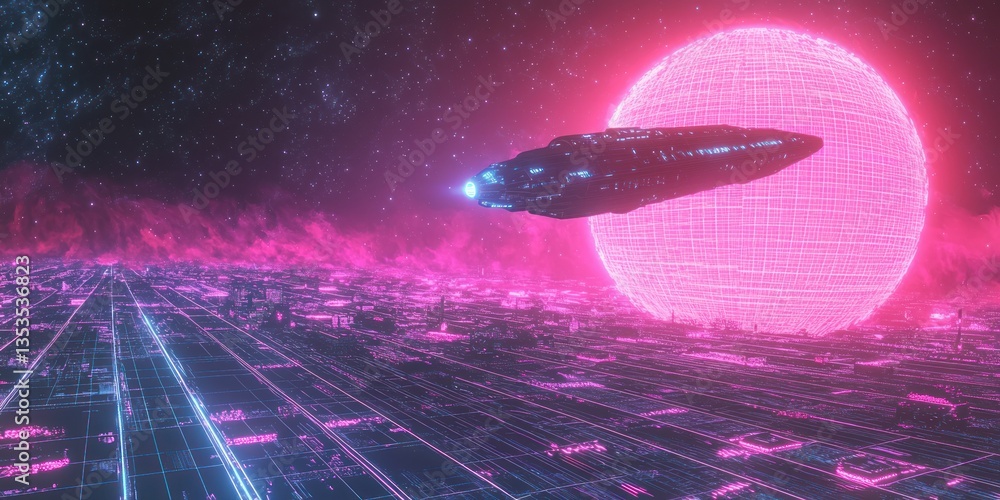 Poster a neon spaceship hovering above a cyber grid planet