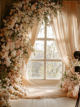 A beautiful floral window display with elegant draped curtains inside