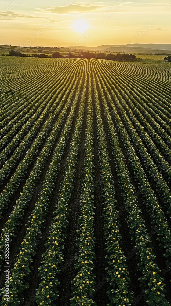 Poster rows of crops in a field at sunset create a beautiful scene