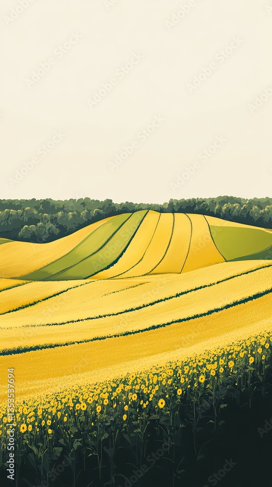 Poster a colorful rolling landscape showing cultivated fields and trees