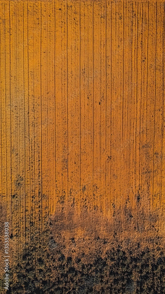 Poster an aerial view showing a harvested field with visible rows of crops