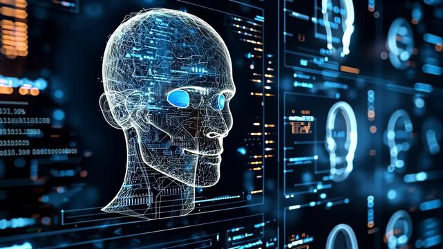 Futuristic Digital Human Head Outline with Data Visualization Elements