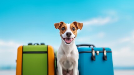 Cute dog goes on a trip by car with suitcases. Concept tourism, vacation