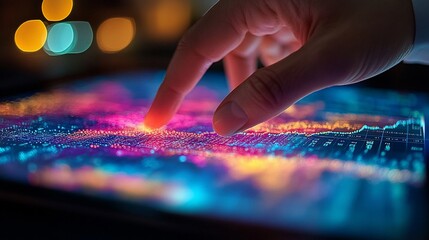 Hand interacting with a glowing digital map/graph on a tablet.  Dynamic data visualization
