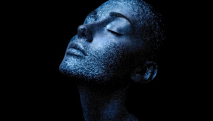 A serene face covered in shimmering particles, captured in a dramatic light against a black background, evoking a sense of tranquility and beauty.