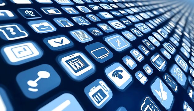 A pattern of digitally rendered applications is displayed on a dark background