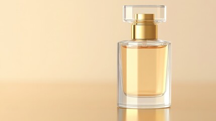 Naklejka premium A luxurious glass perfume bottle with a golden spray nozzle, standing on a reflective gold surface.