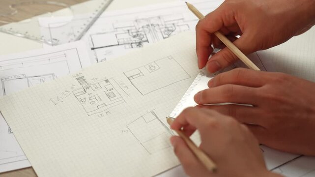 Professional engineer team discussion about house design on meeting table with architectural equipment and building blueprint scatter around at modern office. Focus on hand. Closeup. Delineation.