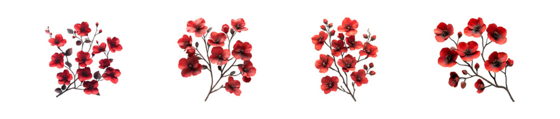 Red flowers blooming branch dark background botanical illustration