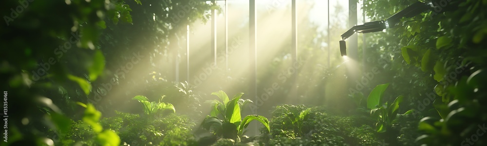 Poster lush green foliage bathed in sunlight, creating a serene and tranquil atmosphere.