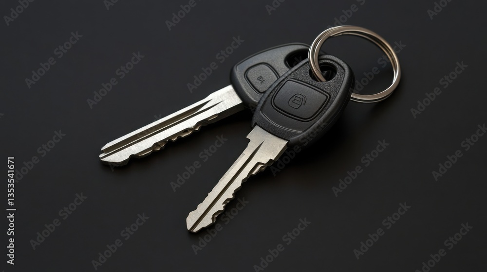 Poster a set of modern car keys with a metallic key fob resting on a deep black matte background.