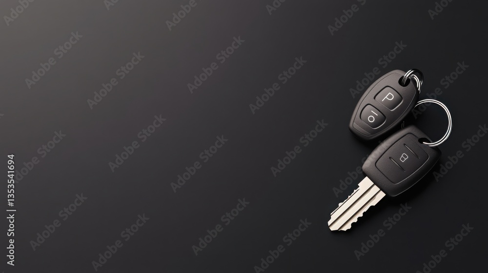 Poster a set of modern car keys with a metallic key fob resting on a deep black matte background.