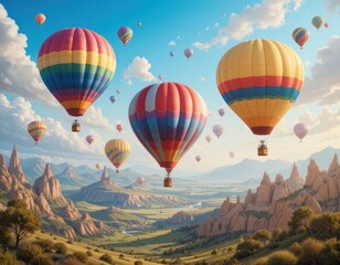 Obraz premium Colorful Hot Air Balloons Soaring Over a Scenic Valley Landscape at Sunrise