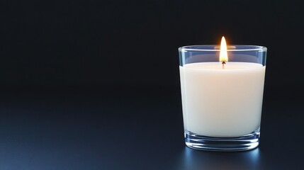 A softly glowing white candle inside a transparent glass holder, placed on a deep black background.