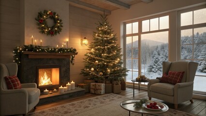 Cozy Christmas Cabin Fireplace, Tree and Winter View, 3D Render, Christmas Decor Christmas, Winter, 3D rendering