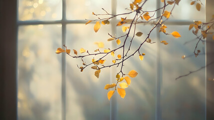 Delicate Yellow Leaves on Branch Against Soft Window Background