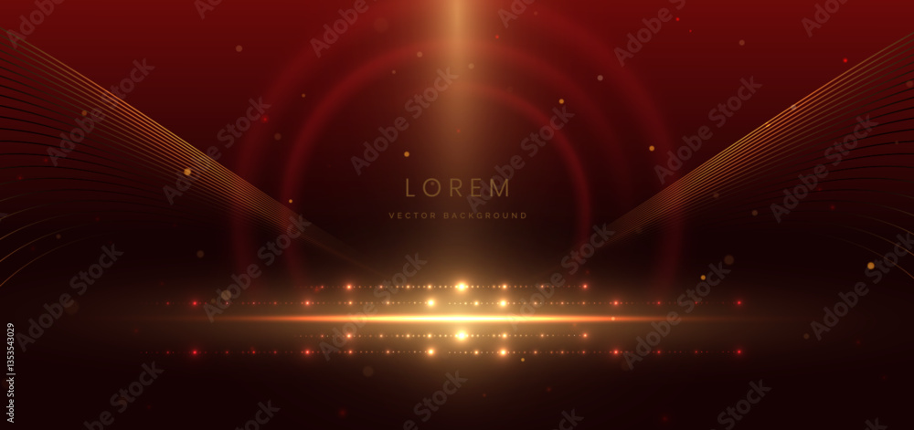 Wall mural abstract elegant gold glowing line with lighting effect sparkle on red background. template premium 