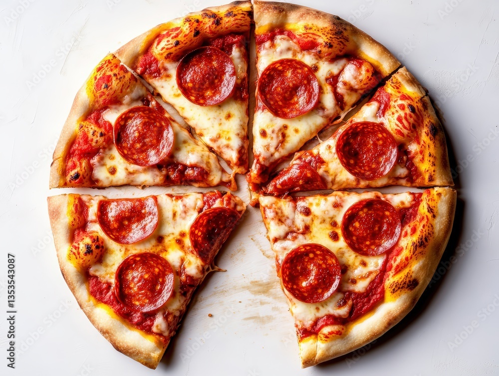 Poster freshly baked pepperoni pizza cut into eight slices on a clean white surface with one slice slightly
