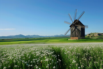 Serene Rural Landscape with Traditional Windmill under Clear Blue Sky and Rolling Green Fields