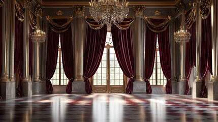 Rich burgundy velvet curtains in a grand ballroom