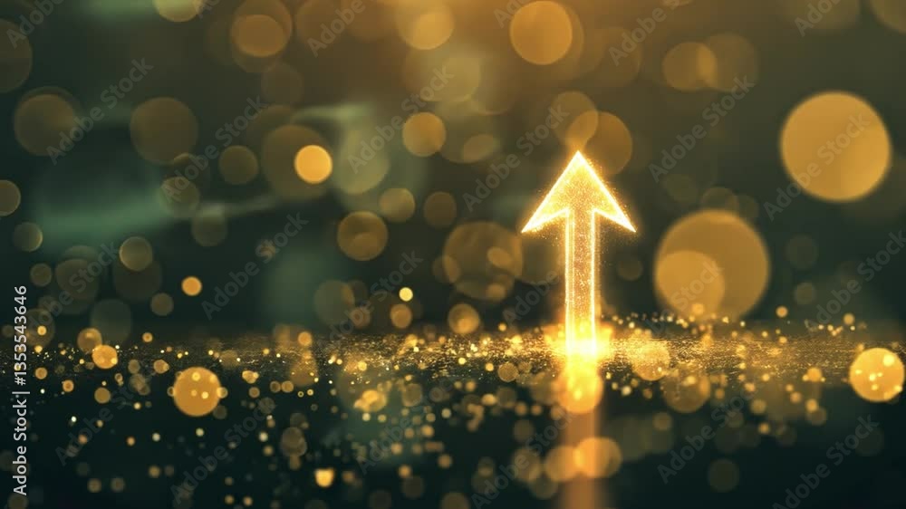 Poster glowing arrow points upward amidst shimmering golden bokeh lights, creating inspiring background of 