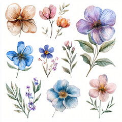 Watercolor Botanical Flower Set white background 
