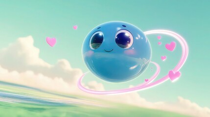 Naklejka premium A sky-blue round and chubby airplane with glossy eyes and a happy expression, soaring above a pastel green horizon. 