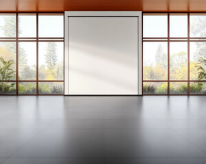 Modern minimalist interior with large windows and natural light in spacious setting