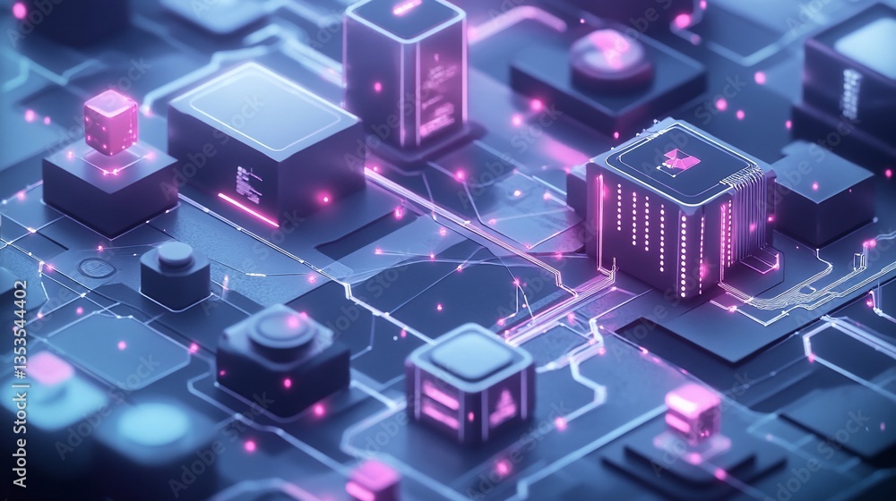 Poster futuristic circuit board with glowing components and interconnected lines