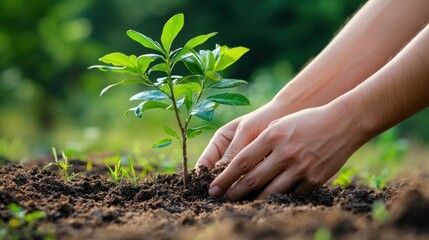Hands Planting a Young Sapling in Fresh Soil for Environmental Growth