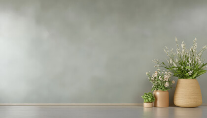 Elegant display of potted plants against a serene green wall in a well-lit interior space