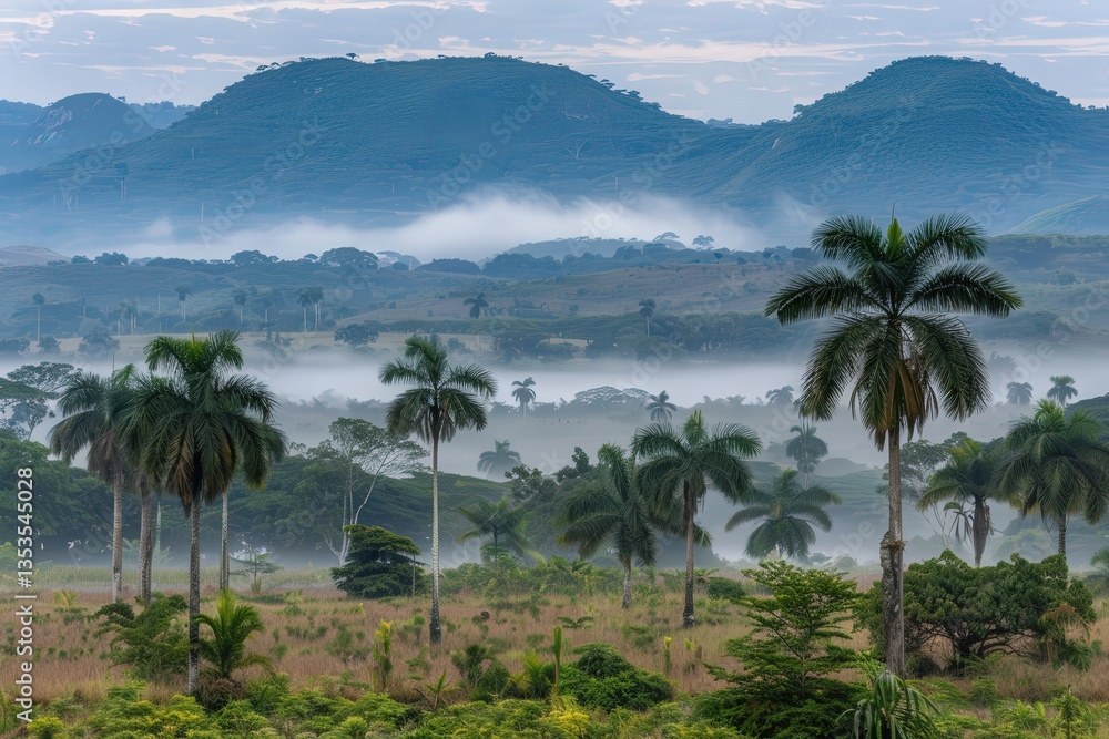 Poster a foggy day in the jungle with palm trees and mountains in the background