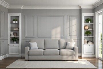 Interior Living Room, Empty Wall Mockup In Gray Room With Sofa, 3d Render Real Room Mockup photo