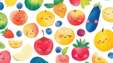 Cheerful Fruits and Vegetables Watercolor Illustration: A Delightful Pattern of Smiling Produce