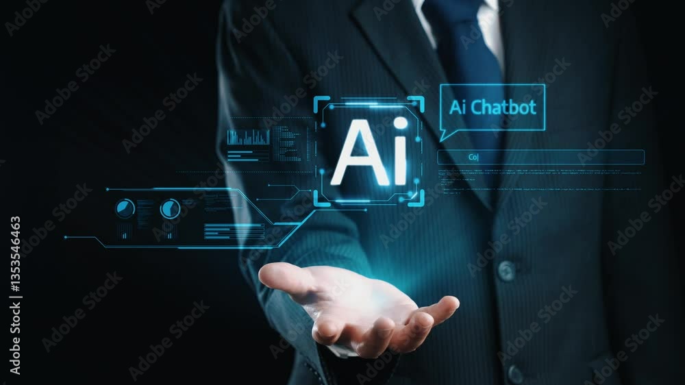 Poster human interact with ai artificial intelligence virtual assistant chatbot in concept of ai artificial