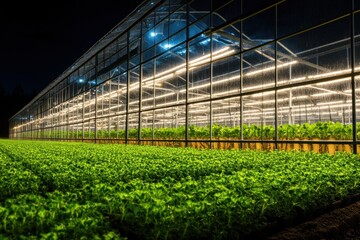 Illuminated greenhouse filled with plants growing under artificial lighting at night