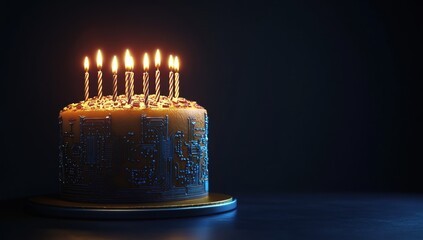 Birthday Cake with Circuit Board Design, Lit Candles on Dark Background