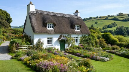Picturesque thatched cottage with colorful garden blooming in the English countryside