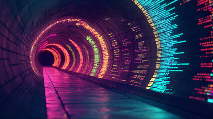 Futuristic vibe coding neon tunnel with glowing pink and blue digital code patterns, cybersecurity landscape sci-fi corridor perspective concept