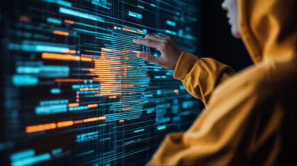 Person in hoodie touching holographic code on digital screen display, cybersecurity hacking concept