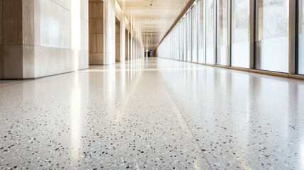 Smooth white terrazzo flooring with speckled stone chips