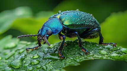 Close-up of iridescent green beetle on dew-covered leaf.