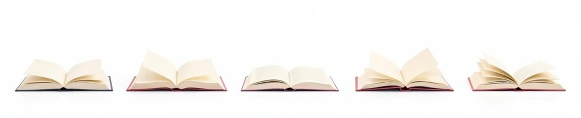 Collection of simple minimalist open book symbols isolated on white background, learning, set, object