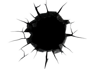 Large Circular Hole Cracked into a Dark Black Surface. Isolated on a Transparent Background