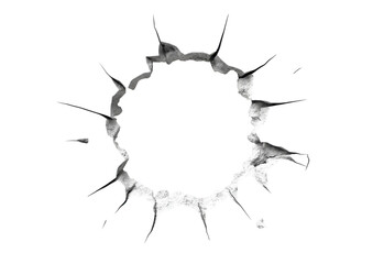 Shattered Wall with Radial Cracks and Broken Concrete Pieces. Isolated on a Transparent Background