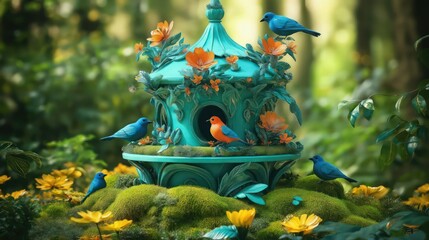 Fototapeta premium A whimsical teal-colored birdhouse with detailed flower and leaf decorations. Blue and orange birds rest on it, while the surrounding forest blooms with bright yellow flowers. 