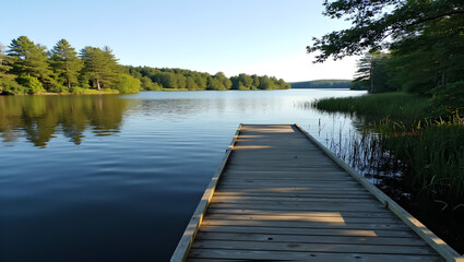 Obraz premium Serene lakeside dock perfect for fishing and relaxation